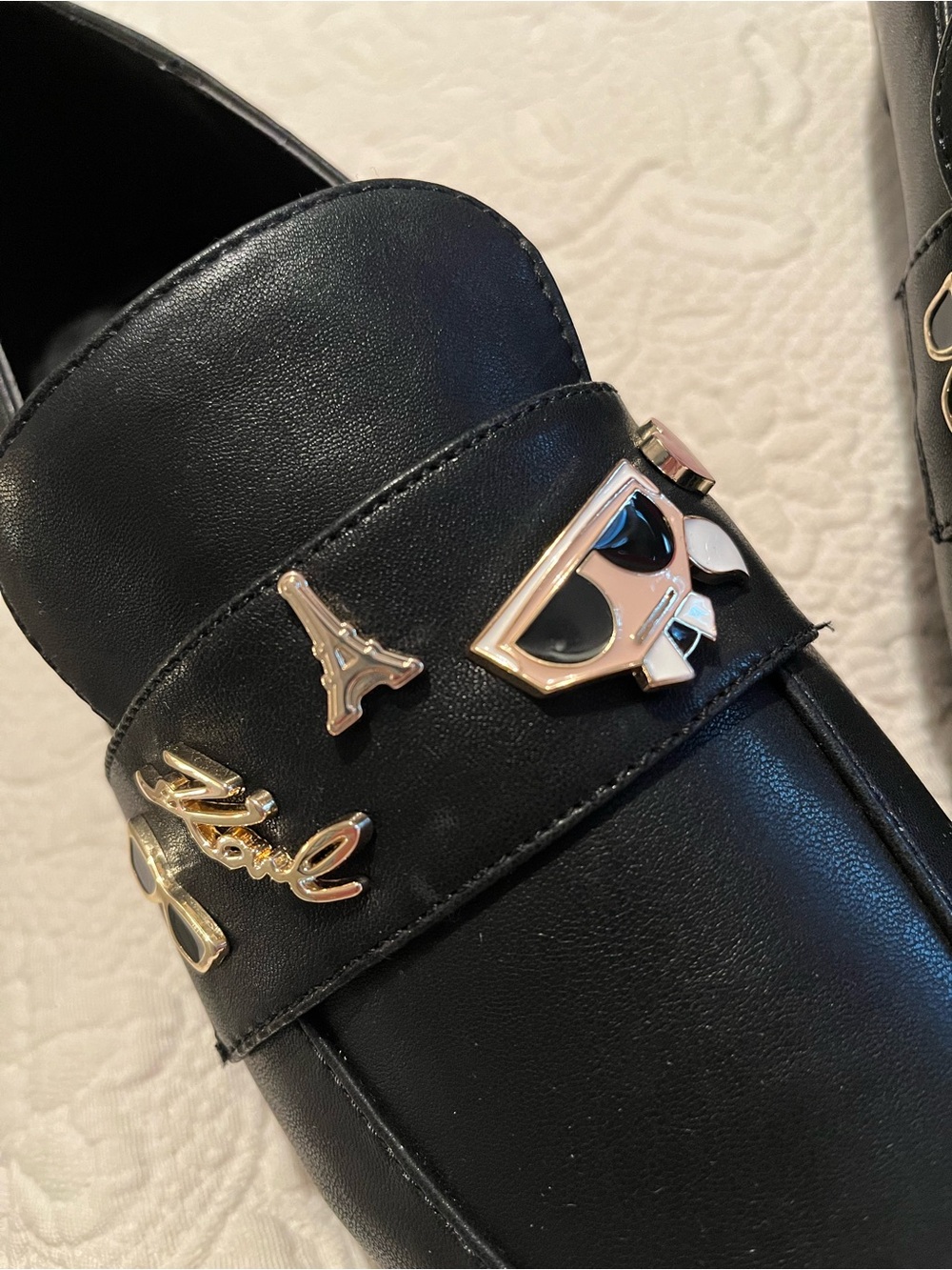 Karl Lagerfeld Black Leather Loafers with Gold & Enamel Charms - Picture 11 of 12